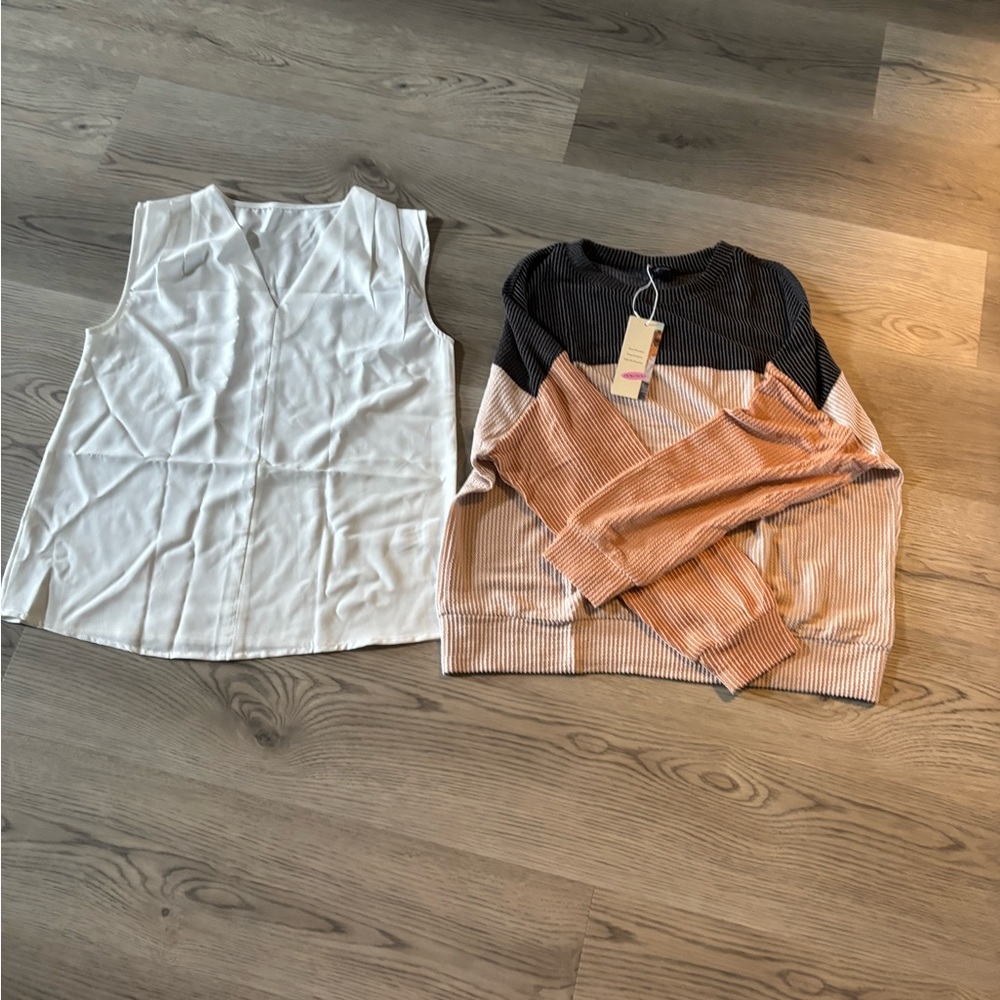 Colorblock Long Sleeve Top - Black, Brown, Cream. And white tank top